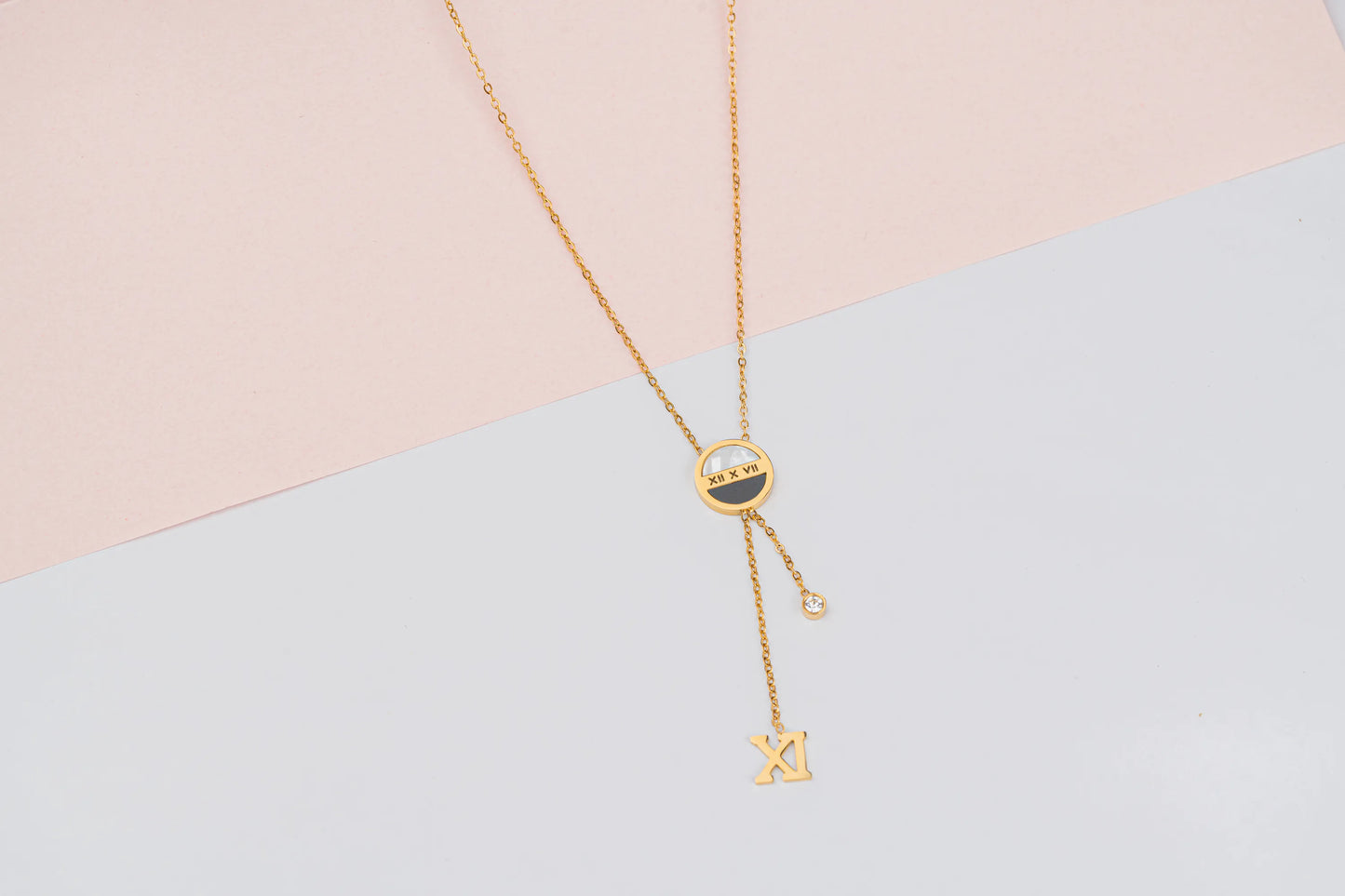 Nova – 18K Gold Plated Pendant Necklace with Roman Dial & CZ Drop