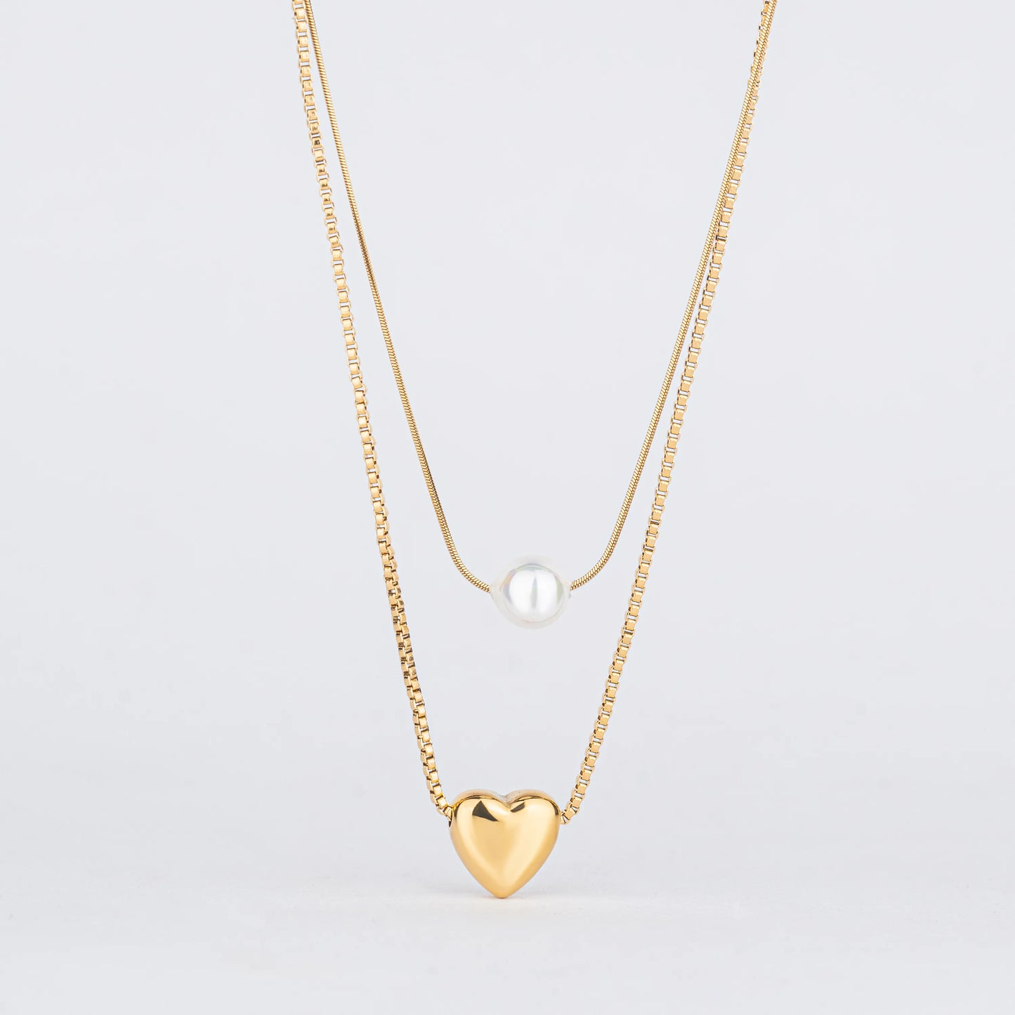 Soul – Dual Chain Pearl & Puffy Heart Necklace