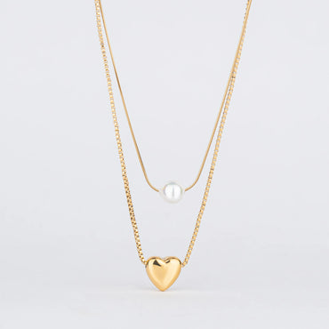 Soul – Dual Chain Pearl & Puffy Heart Necklace