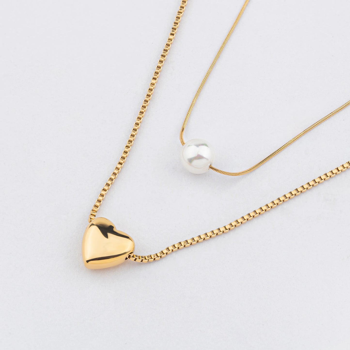 Soul – Dual Chain Pearl & Puffy Heart Necklace