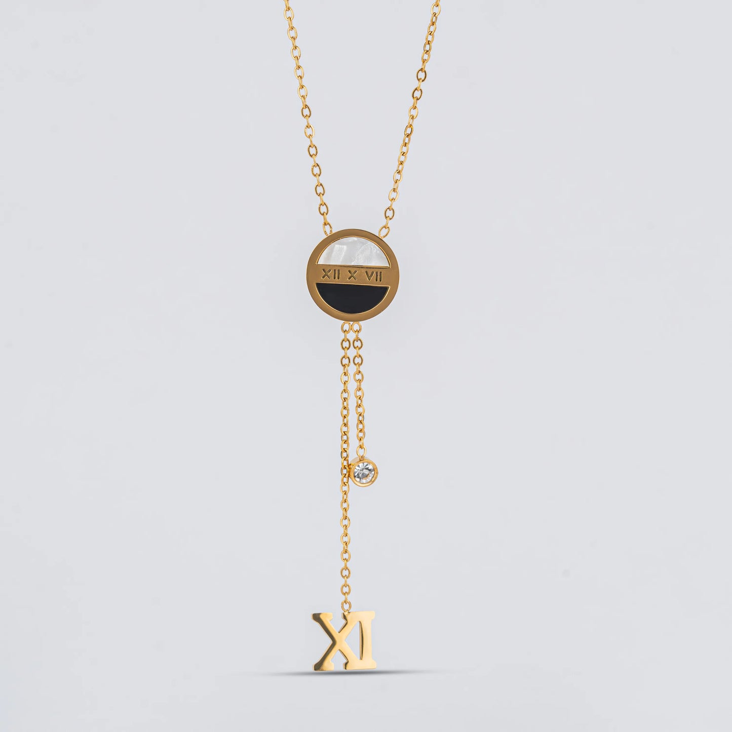 Nova – 18K Gold Plated Pendant Necklace with Roman Dial & CZ Drop