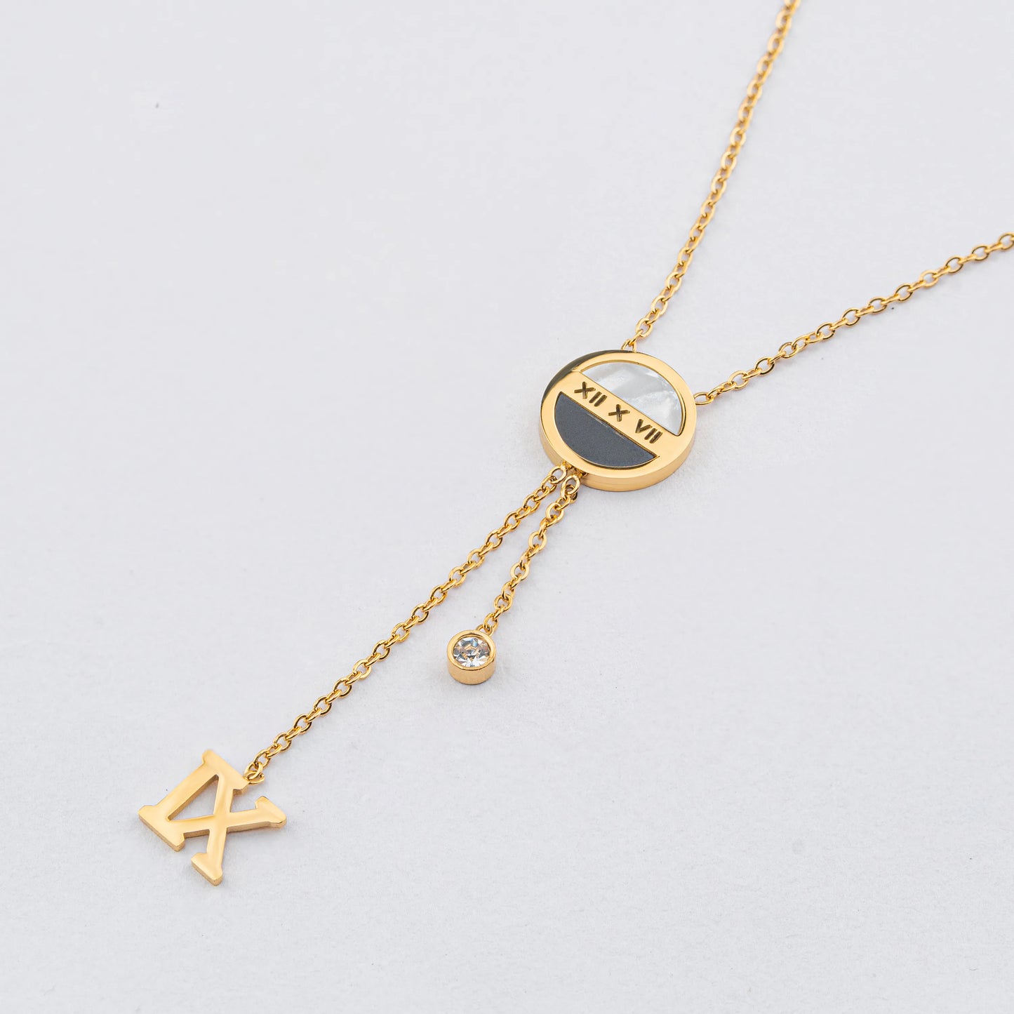 Nova – 18K Gold Plated Pendant Necklace with Roman Dial & CZ Drop